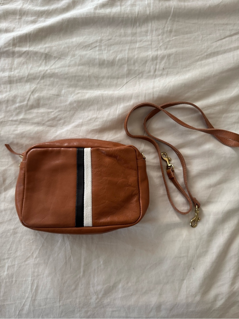 Clare V. Midi Sac Brown Leather Crossbody Bag with Black & White Stripe